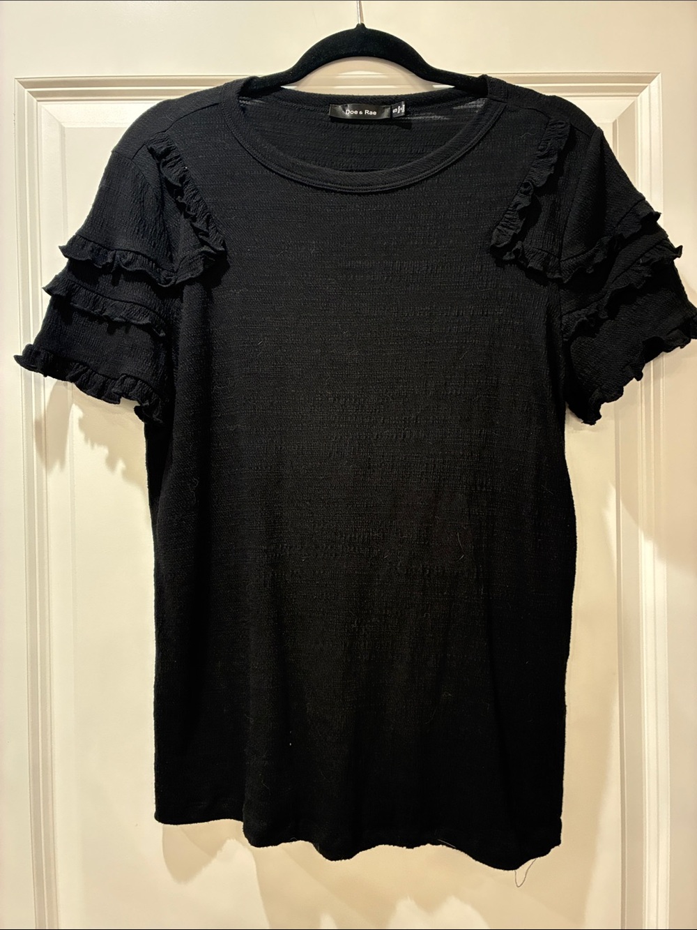 Doe & Rae Black Short Sleeve Ruffle Knit Top